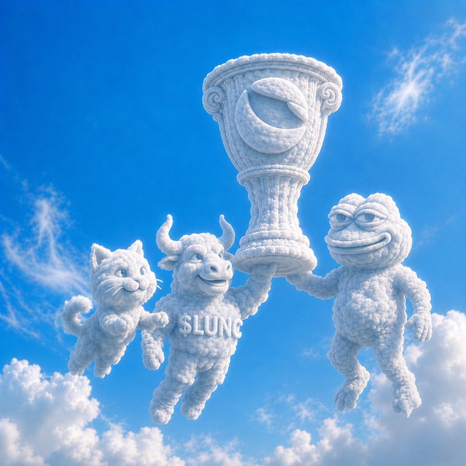 Three cloud-like cartoon characters—a cat, a bull wearing a "SLUNC" shirt, and a frog—float through a blue sky while triumphantly hoisting a large ornate trophy featuring the $LUNC crescent moon logo, symbolizing community victory and bullish support for Terra Classic.