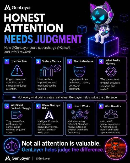A GenLayer infographic titled "Honest Attention Needs Judgment" explaining how GenLayer could supercharge @KaitoAI and InfoFi rewards, with sections on the problem, surface metrics, hidden issues, and benefits.