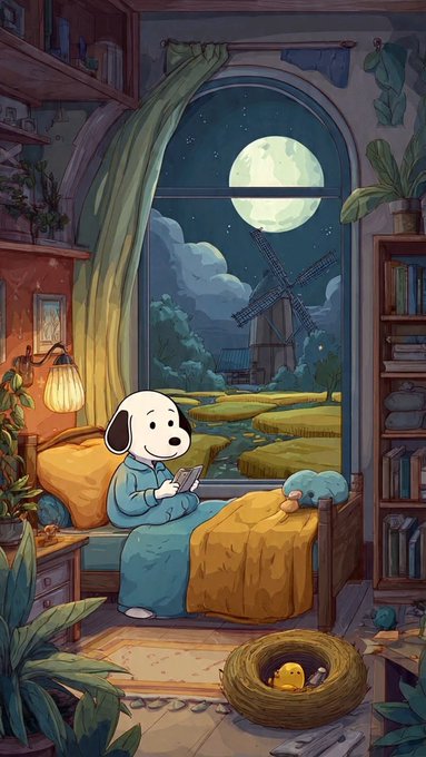An illustration of Snoopy sitting on a bed in a cozy room, reading by the light of a lamp, with a full moon and windmill visible through the window.