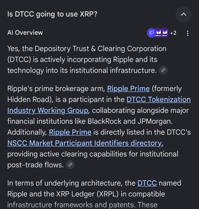 A Google search AI Overview answering 'Is DTCC going to use XRP?' by stating that the Depository Trust & Clearing Corporation is incorporating Ripple and its technology, mentioning Ripple Prime and collaborations with BlackRock and JPMorgan.