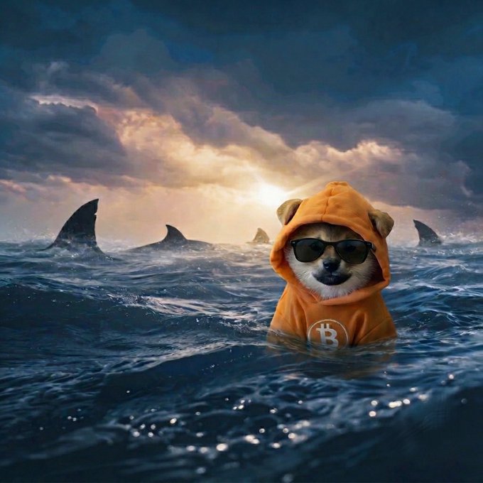 A Shiba Inu dog wearing sunglasses and an orange Bitcoin hoodie standing in ocean water, with shark fins visible in the background under a dramatic sunset sky.