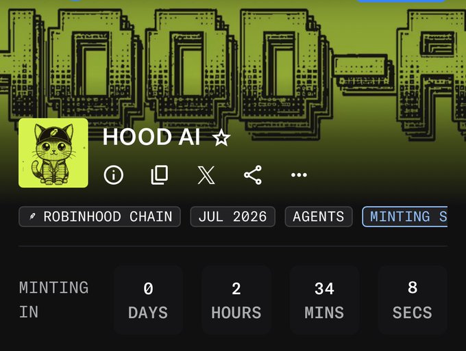 A countdown timer for the "HOOD AI" minting event on Robinhood Chain, showing 0 days, 2 hours, 34 minutes, and 8 seconds remaining, with a green cat avatar logo and large "HOOD AI" text in the background. This aligns with the post promoting the @HoodAI0x mint as a free, noteworthy Web3 product.