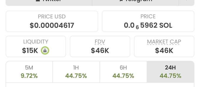 A cryptocurrency price card shows $WRCT (Wright) trading at $0.00004617 USD (0.05962 SOL), with $15K liquidity, a $46K FDV and market cap, and gains of 44.75% over the past 24 hours—suggesting another potential entry point from the same account that previously hyped high-multiple meme coin plays like $Ansem, $Fartcoin, $Cashcat, $TRUMP, $Troll, and $penguin.
