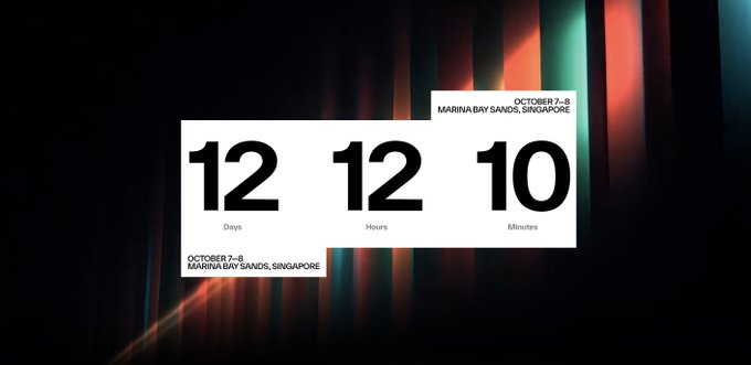A countdown timer graphic showing 12 days, 12 hours, and 10 minutes until an event on October 7-8 at Marina Bay Sands, Singapore.