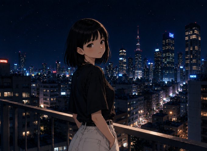 Anime-style artwork of a dark-haired girl in a black shirt standing on a balcony at night, looking over a brightly lit city skyline featuring Tokyo Tower and a 'TOKYO' neon sign.