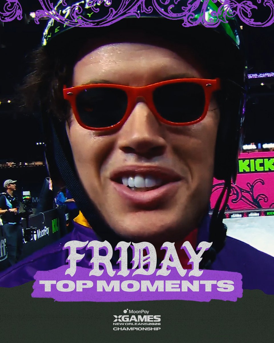 A young male athlete in a helmet and red sunglasses smiles at the camera, overlaid with "FRIDAY TOP MOMENTS" in graffiti-style text, promoting the MoonPay X Games League Championship in New Orleans 2026. The image ties to the post by teasing the top 10 moments from Day 1 of the competition, with broadcast details for The Roku Channel, ABC, and ESPN.