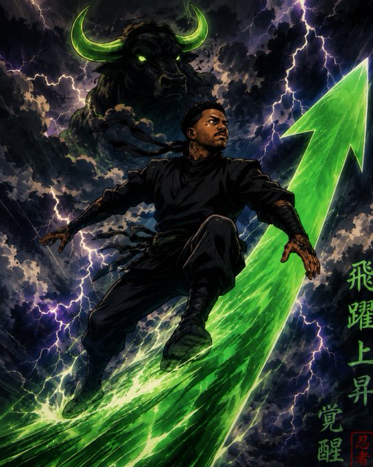 A dynamic digital illustration of a man in black martial arts attire leaping onto a glowing green upward arrow, with a menacing horned bull spirit looming in the stormy, lightning-filled sky behind him, accompanied by Chinese characters on the right.