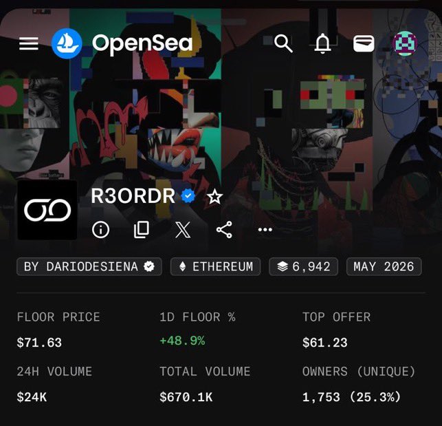 In the image, there's a screenshot of a social media platform where the post appears to be about an art gallery. The main focus is on the opensea app with its logo displayed at the top center of the image. However, what catches one's attention is that the text "Wen Pepe Explorer? The ones I'am holding will never pump Sometimes I wonder if I'm actually the problem". This might not directly relate to the image but could be part of a discussion or context related to the art gallery post being shared on this platform.