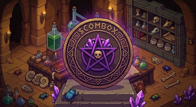 Pixel art illustration of a wizard's workshop featuring a large purple pentagram medallion with a skull, surrounded by potion bottles, scrolls, beetles, and crystals.