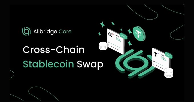 The image features a black background with two green circles, one larger than the other, placed at the center of the frame. The text "Cross-chain Stablecoin swap" is written above the circles, and the phrase "Native token transfers" is below them. The caption reads "Yesterday while scrolling CT, I came across @Allbridge_io".