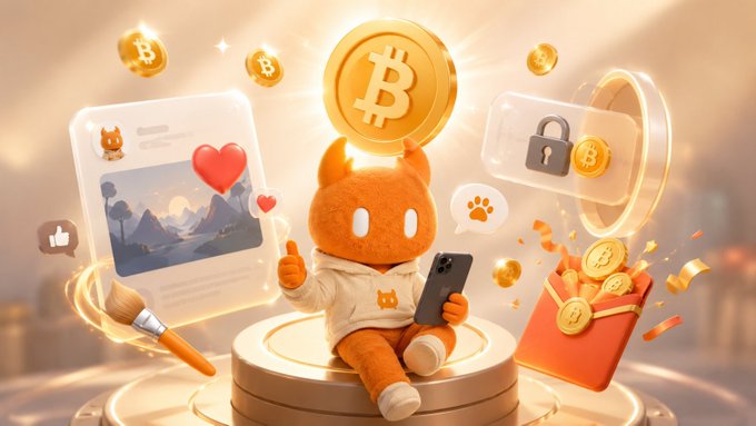 An orange cartoon cat-like character wearing a white hoodie sits on a golden pedestal, holding a smartphone, surrounded by floating Bitcoin coins, social media icons, and a heart-filled image card.