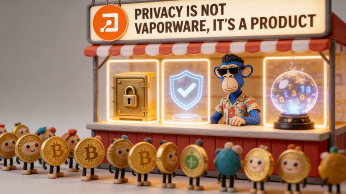 A 3D-rendered market stall with the banner 'PRIVACY IS NOT VAPORWARE, IT'S A PRODUCT' features a monkey vendor in sunglasses and a Hawaiian shirt, surrounded by anthropomorphic Bitcoin and cryptocurrency coins.