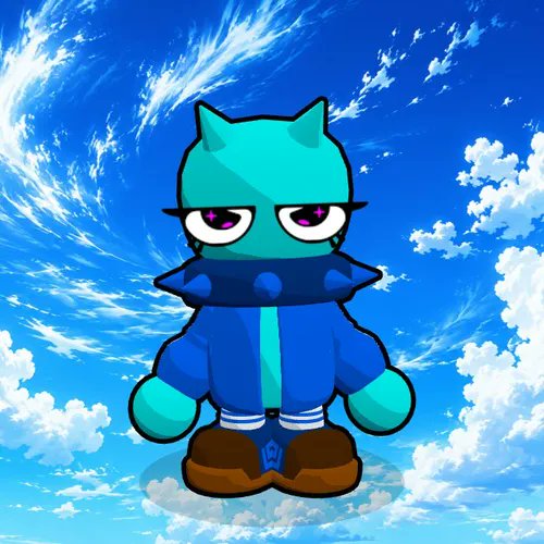 A stylized digital drawing of a blue and teal humanoid character with pointed ears, wearing a spiked collar and brown boots against a cloudy sky background.