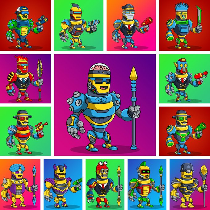 A colorful illustration features a collection of robotic characters with various designs, including a central larger robot holding a staff, surrounded by smaller robots with different accessories like swords and blasters against brightly colored square backgrounds.