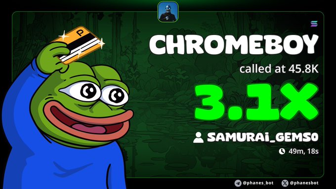 The main focus of this image is a cartoon image featuring a frog holding an Apple credit card, with a title that reads "Chromeboy called at 45.8K". In the top right corner of the image, there's a post about someone named "Samurai Gemso" who has made $97 gross on selling their artwork for $3.81 each, which is quite a profit. The entire scene is set against a dark green background with some white text elements and logos in the bottom left corner of the image, possibly promoting an event or product related to this content.