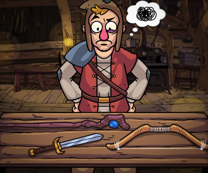A cartoon adventurer with a confused expression (shown by a scribbled thought bubble) stands at a wooden table, contemplating a sword, staff, and bow—classic RPG equipment that ties into the "$RPG" token promotion and its "Genesis Free Mint" launch announcement.