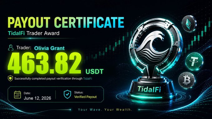 The image features a poster for a cryptocurrency exchange, specifically TidalFi. The poster includes a trophy with a wave design at its center, symbolizing the success of the payout verification process. The text on the poster announces that Olivia Grant has successfully completed the payment verification process and is now receiving her reward in USDT form.