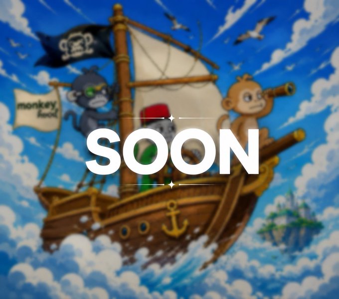 A blurred background of monkeys on a pirate ship with a 'SOON' text overlay in the center.