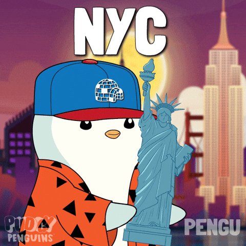 The image features a cartoon penguin wearing an orange shirt with "Penguin" written across the front, standing next to a statue of the Statue of Liberty. The text "NYC" is also present in the image. The post appears to be promoting a meetup for fans of the Penguin Penguins anime series and the show "Dudgy". It invites people who are interested in joining them to watch Game 4 (Thursday June 11) at the city of New York, specifically at theBUZZING location.