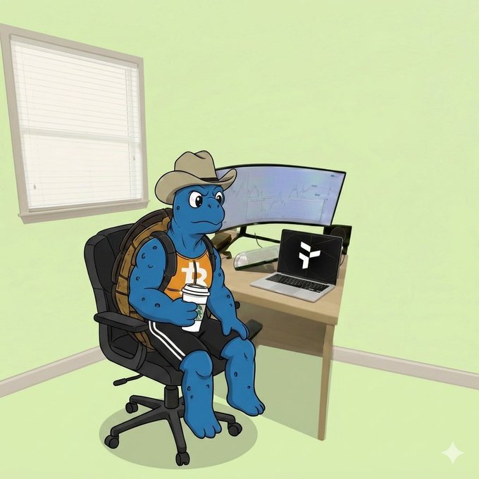The image features a cartoon turtle sitting in an office chair with a laptop computer placed next to him. The turtle has a cowboy hat on his head and appears to be holding a coffee cup while looking at the laptop screen. The background of the image is green, which complements the overall color scheme of the cartoon turtle's outfit.