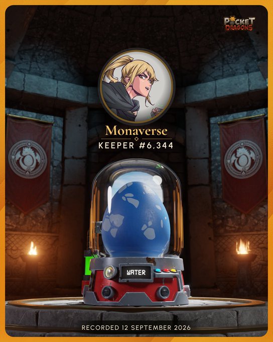 A profile card from the game 'Pocket Dragons' showing a blonde female character portrait labeled 'Monaverse KEEPER #6.344', with a water-type dragon egg in a glass dome container below and text reading 'RECORDED 12 SEPTEMBER 2026'.