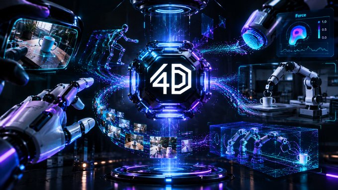A futuristic, cyber-themed graphic features the central text '4D' surrounded by robotic arms, holographic interfaces, and digital displays.