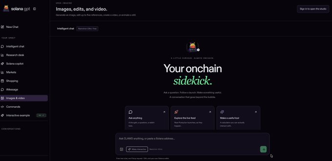 Screenshot of the Solanex gpt dashboard highlighting the 'Images & video' section, featuring a 'Your onchain sidekick' interface for generating visual content.