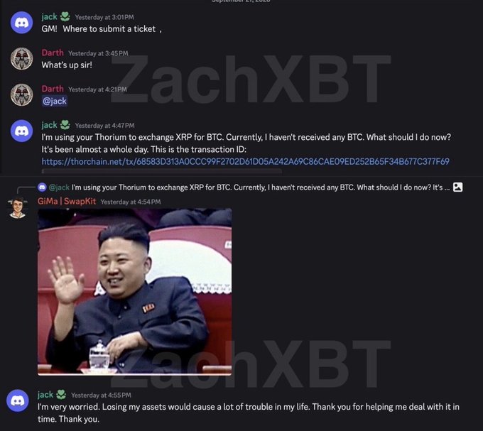 A Discord screenshot shows a user named "jack" (verified Discord staff) exchanging messages with "Darth," who is attempting to swap XRP for BTC on THORChain. The thread is humorously accompanied by an image of Kim Jong-un, suggesting the "Darth" account is actually a North Korean state hacker seeking support for a stolen transaction (ID ending in 377F69) on thorchain.net/tx/.