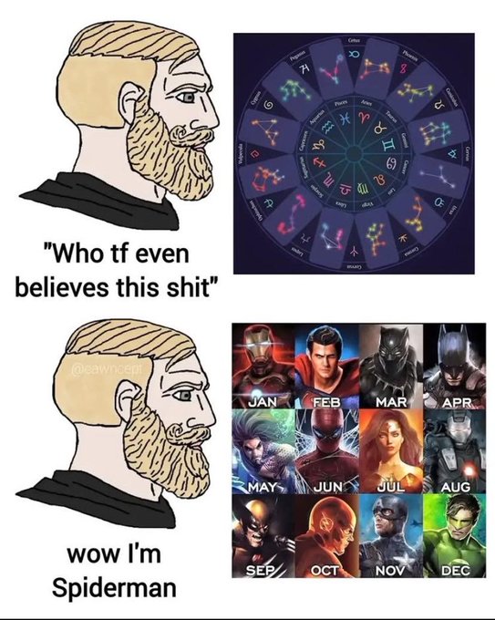 A two-panel meme featuring the "Nordic Gamer" / Chad character: the top panel shows him dismissing a zodiac wheel with the text "Who tf even believes this shit," while the bottom panel shows him amazed at a chart pairing months with superheroes (Iron Man for January, Spider-Man for June, etc.), captioned "wow I'm Spiderman."