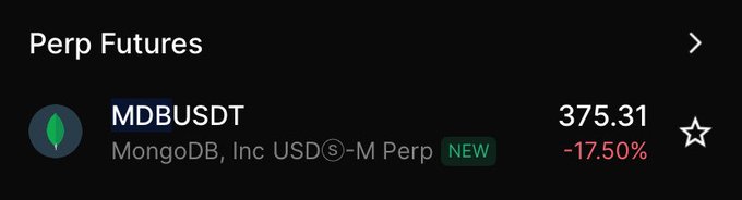 A dark-themed trading interface showing 'Perp Futures' with the ticker 'MDBUSDT' (MongoDB, Inc USDⓈ-M Perp) marked NEW, displaying a price of 375.31 and a change of -17.50%.