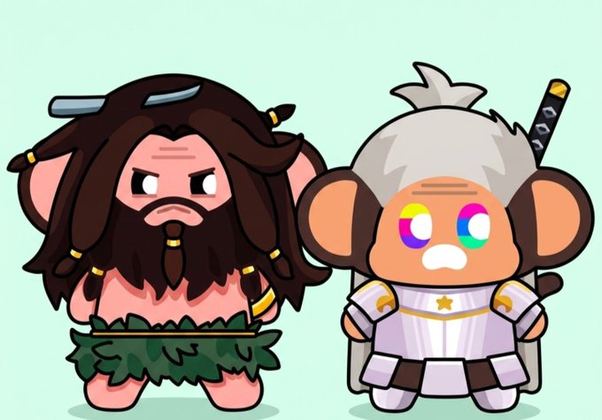 A cartoon illustration of two chibi-style characters: a bearded caveman in a leaf garment and a silver-haired warrior in white and purple armor with colorful eyes.