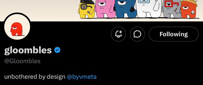 A Twitter/X profile page for "gloombles" (@Gloombles), verified account, with a banner showing colorful cartoon characters and bio reading "unbothered by design @byvmeta," currently set to "Following." The image is shared alongside a post announcing Gloombles mint details—3,824 supply, $10 mint price, launching July 23rd—aligning with the account's role as a featured quality NFT project.