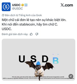 An X.com post by @USDC featuring Vietnamese text from Grok explaining stablecoin differences, with an AI-generated image showing USDC versus USD B as a bat.