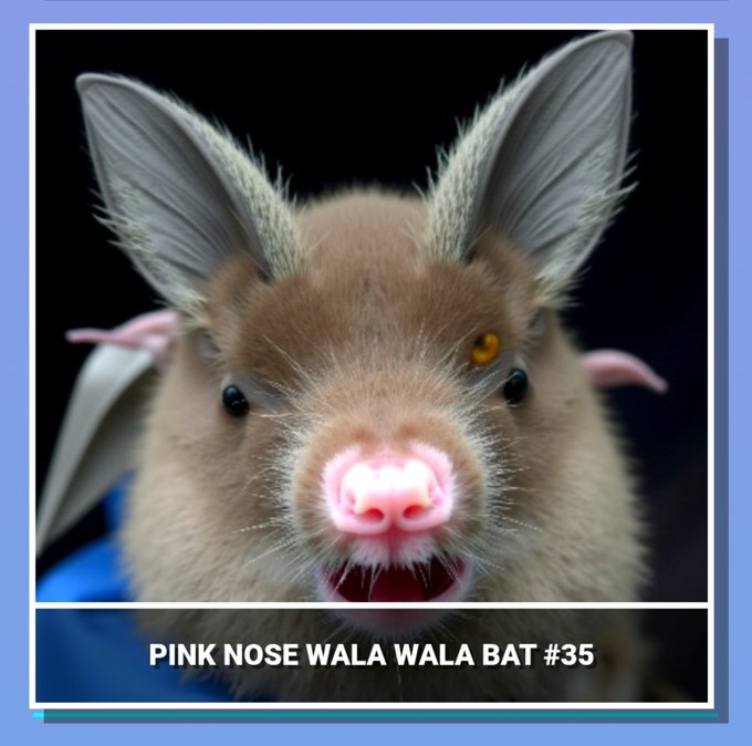Close-up photo of a brown bat with large pointed ears and a distinctive pink nose, labeled 'PINK NOSE WALA WALA BAT #35'.