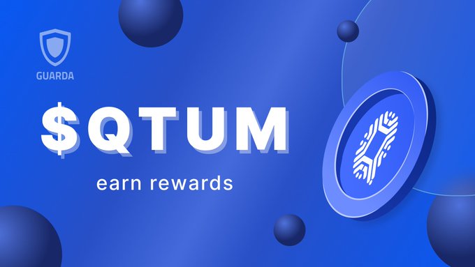 A promotional graphic for cryptocurrency, showing a blue 3D coin, the word '$QTUM', the text 'earn rewards', and a 'GUARDA' shield logo.