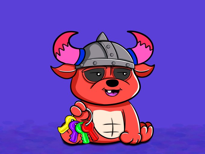 A cartoon illustration of a red bear-like character wearing a horned viking helmet and sunglasses, holding a rainbow-colored fidget toy, against a purple background.