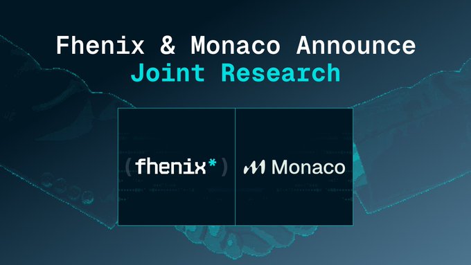 The image features two logos for companies named "Fhenix" and "MonacoTrading", along with text that reads "Fhenix & Monaco announce joint research". The logos are placed side by side, with the "Fhenix" logo on top of the "MonacoTrading" logo. The text in the image suggests a collaboration between these two companies for joint research or development projects related to cryptocurrency and blockchain technology.