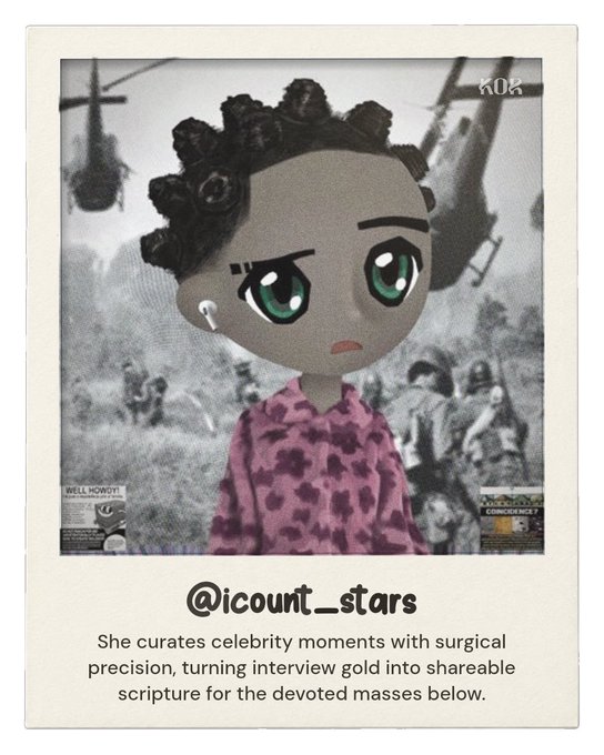 A cartoon-styled doll with a tear, set against a black-and-white war backdrop, is shown above the handle "@icount_stars" with a caption reading "She curates celebrity moments with surgical precision, turning interview gold into shareable scripture for the devoted masses below," promoting a $10 giveaway requiring users to retweet, follow, and like the post within 12 hours.