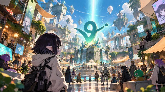 A vibrant anime-style illustration depicting a character with pointed ears looking out over a grand, fantastical plaza filled with crowds, banners, and floating islands in a bright sky.