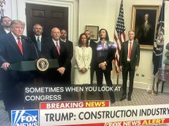 A Fox News broadcast shows a group of attendees at the White House, including Ripple CEO Brad Garlinghouse, standing near a presidential seal podium, with on-screen text reading "TRUMP: CONSTRUCTION INDUSTRY" and a chyron stating "SOMETIMES WHEN YOU LOOK AT CONGRESS," reflecting coverage of a White House summit on crypto where industry leaders like Garlinghouse appeared alongside policymakers.