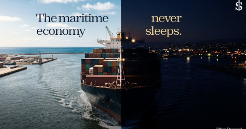 A split-screen advertisement showing a container ship in a harbor during daylight on the left and a nighttime cityscape view on the right, with text reading "The maritime economy never sleeps."