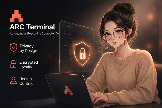 A promotional graphic for 'ARC Terminal - Autonomous Reasoning Computer' featuring an illustrated woman with glasses using a laptop, with feature callouts: 'Privacy by Design', 'Encrypted Locally', and 'User in Control'.
