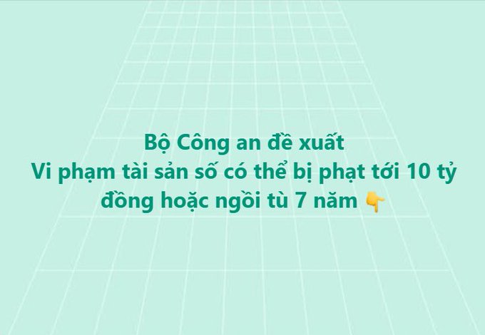 The image features Vietnamese text on a teal gridded background reading "Bộ Công an đề xuất: Vi phạm tài sản số có thể bị phạt tới 10 tỷ đồng hoặc ngồi tù 7 năm," which translates to a proposal by Vietnam's Ministry of Public Security for digital asset violations to be punishable by fines up to 10 billion VND or up to 7 years in prison.

The image serves as a warning graphic for the post's message about cracking down on Pi Network scammers and thieves, highlighting strict legal penalties the government and Ministry of Public Security may impose on those committing digital asset fraud.