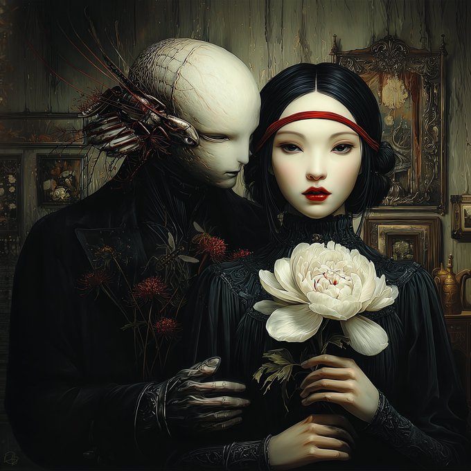 A dark, gothic-style digital artwork features a pale faceless figure with antler-like appendages standing behind a dark-haired woman with a red headband holding a white peony flower.