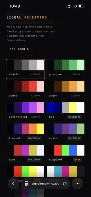 A mobile app screen for signalreceiving.app titled 'SIGNAL RECEIVING' showing various color palette options including static, phosphor, alert, amber, ultraviolet, dos, thermal, raster, bars, and subpixel, each tagged with rarity tiers like COMMON, UNCOMMON, or RARE.