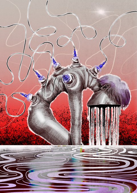 The image features an abstract digital illustration of a person's head with a fork sticking out of their mouth, surrounded by wires and cords that create a sense of movement or energy. The background includes a red and white color scheme, which adds contrast to the overall composition. The caption "Unmint art Maybe airdrop for next sold? Whoops, just maybe" suggests that this artwork might be part of an online auction or sale where people can bid on unique pieces like this digital illustration.