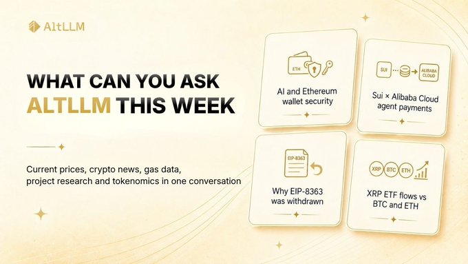 A promotional graphic for 'AltLLM' titled 'WHAT CAN YOU ASK ALTLLM THIS WEEK' highlighting topics including AI and Ethereum wallet security, Sui x Alibaba Cloud agent payments, EIP-8363 withdrawal discussion, and XRP ETF flows vs BTC and ETH.