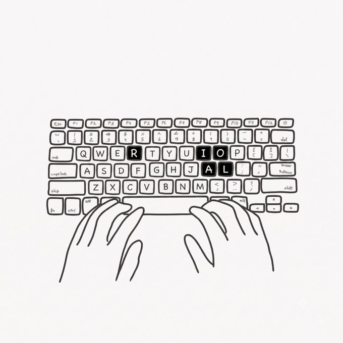 A hand-drawn sketch of a keyboard with two hands typing, where the highlighted keys spell out 'ERTIAL'.