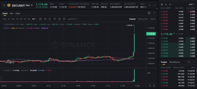 A Binance trading chart shows a dramatic, near-vertical price spike for the ZEC/USDT pair, with the price reaching 1,119.48 USDT.