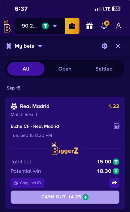 A mobile betting app screenshot showing a 'Real Madrid Match Result' bet for 'Elche CF - Real Madrid' on Sep 15 with a total bet of 15.00 and a potential win of 18.30, branded with the 'BiggerZ' logo.
